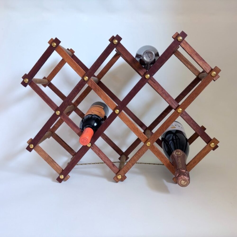 Vintage Mid-Century Wooden Wine Rack with Brass Accents – Holds 10 Bottles